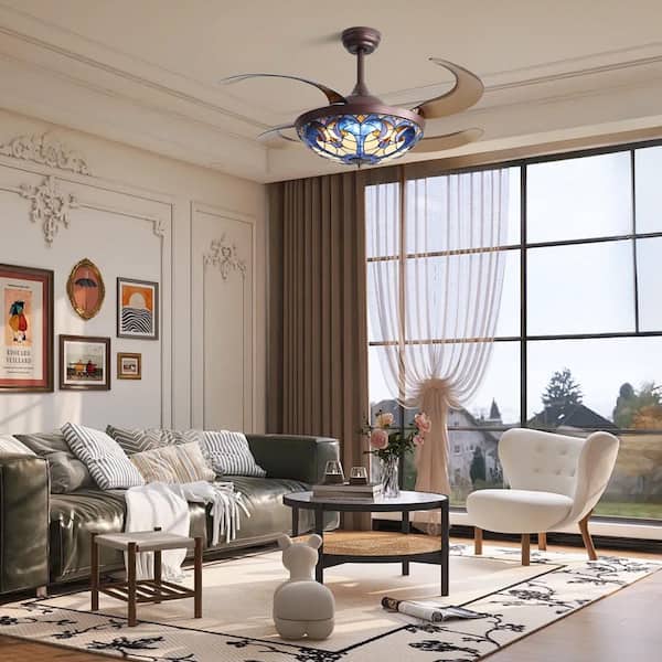 48 in. Smart Indoor Brown Retractable Ceiling Fan with Integrated LED Light and Remote APP Tiffany Glass Shade