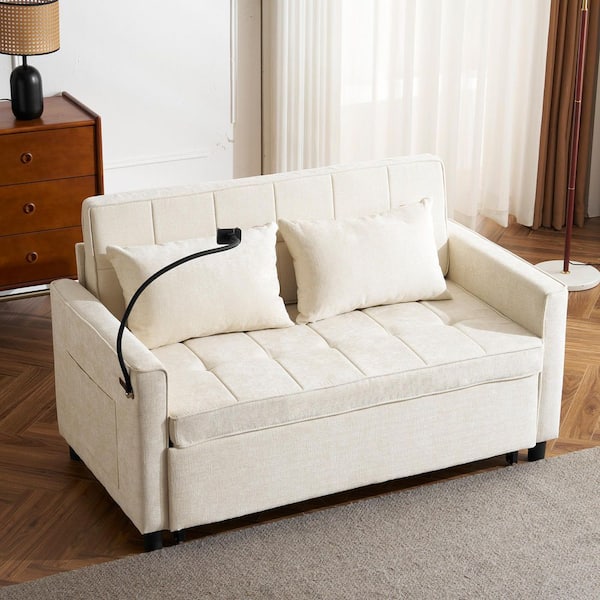 56.9 in. Beige Twin Size Sofa Bed with a Reversible Backrest Cushion, Side Pockets, 2-USB Ports and a Phone Holder