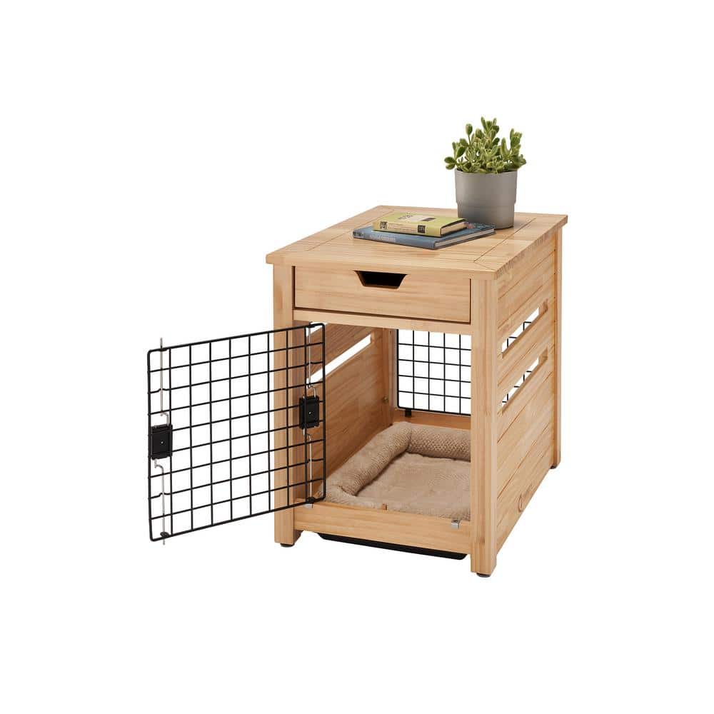 Small Beige and Brown Pine Wood Pet Crate End Table