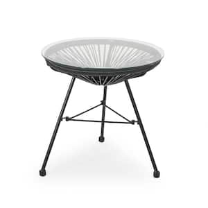 Wicker And Tempered Glass Outdoor Side Table Patio Bistro Coffee Table in Black