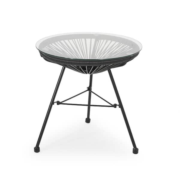 maocao hoom Wicker And Tempered Glass Outdoor Side Table Patio Bistro Coffee Table in Black