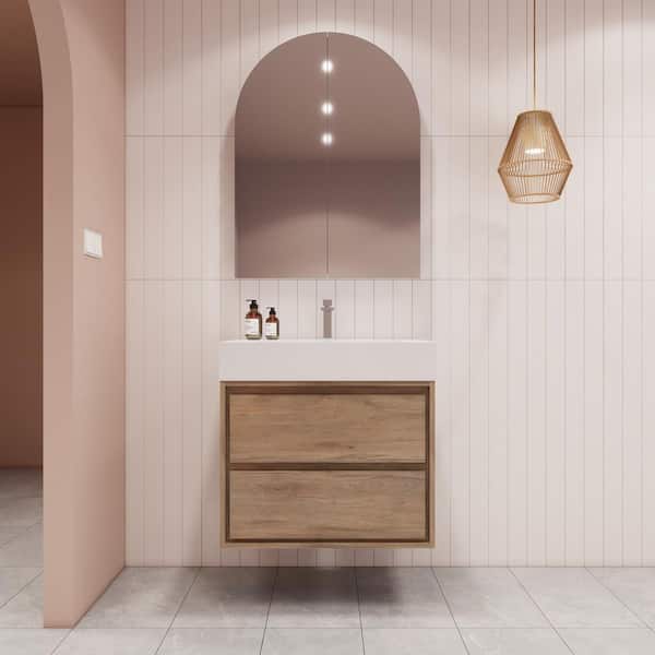 BV Better Vanity Saggie 30 in. W x 20 in. D x 28 in. H Single Sink Floating Bath Vanity in White Oak with White Acrylic Top