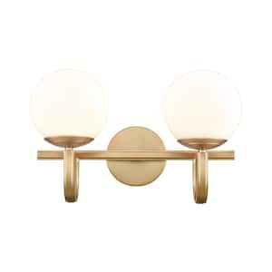 Cummings 16 in. W 2-Light Brushed Gold Vanity Light with Glass Shades