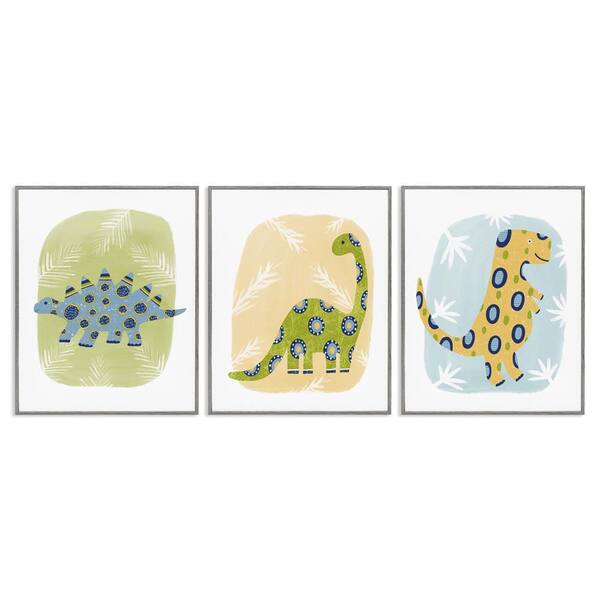 Stupell Industries Three Patterned Dinosaurs by Lisa Nohren 3-Pieces Gray Framed Animal Giclee Art Print 20 in. x 16 in.