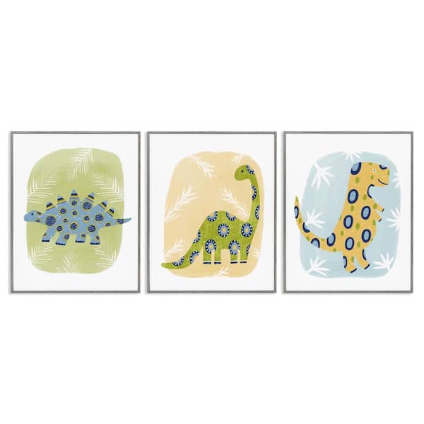Stupell Industries Three Patterned Dinosaurs by Lisa Nohren 3-Pieces Gray Framed Animal Giclee Art Print 30 in. x 24 in.