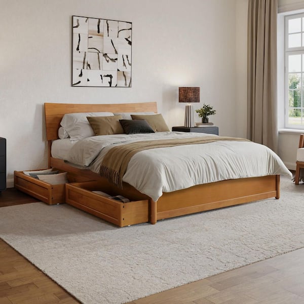 Harlowe Light Toffee Natural Bronze Wood Frame Queen Platform Bed with Storage Drawers