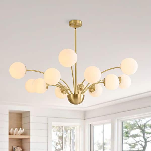 12 Light Brass Mid Century Modern Globe Chandelier Large Pendant Light Fixtures with Milky Glass Globe for Dining Room