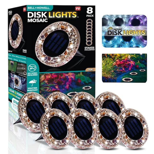 Mosaic Disk Lights Solar Powered Light Brown LED Path Lights with Mosaic Glass Top (8-Pack)