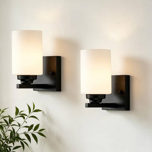 4 in. 1 Light Matte Black Indoor Bathroom Vanity Light Wall Sconce with Etched White Cylinder Glass Shade, 2-Pack