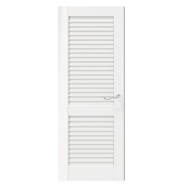 32 in. x 80 in. Louvered Panel, Composite, Solid MDF Core, Primed, White Interior Door Slab with Silver Curved Doorknob