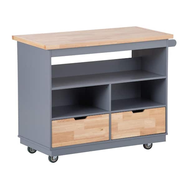 Hooseng Zandaya Dusty Blue Kitchen Cart with Solid Wood Top and Storage