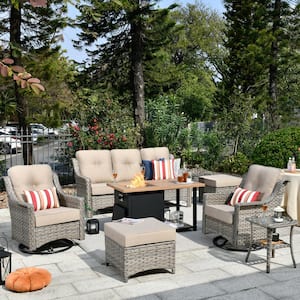 Tulip B Gray 7-Piece Wicker Patio Storage Fire Pit Conversation Set with Swivel Rocking Chairs and Beige Cushions