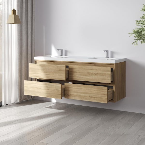 Purus 60 in. W x 20 in. D x 26 in. H Double Sink Wall Mounted Bath Vanity in Oak with White Cultured Marble Top
