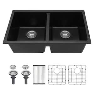 33 in. Undermount Double Bowl Black Granite Composite Kitchen Sink with Basket Strainer and Roll-up Rack