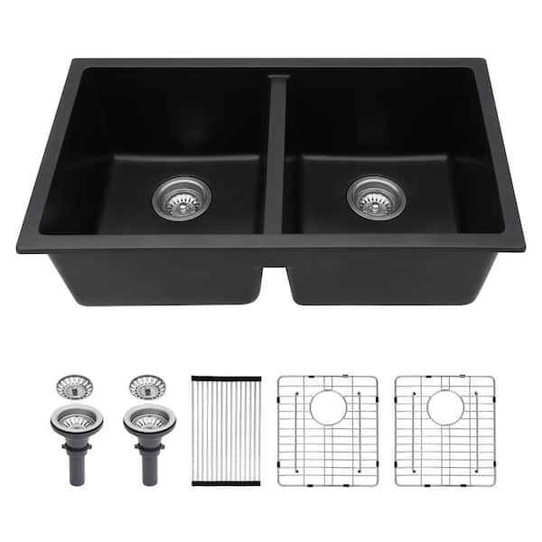 Zeus & Ruta 33 in. Undermount Double Bowl Black Granite Composite Kitchen Sink with Basket Strainer and RolL up Rack