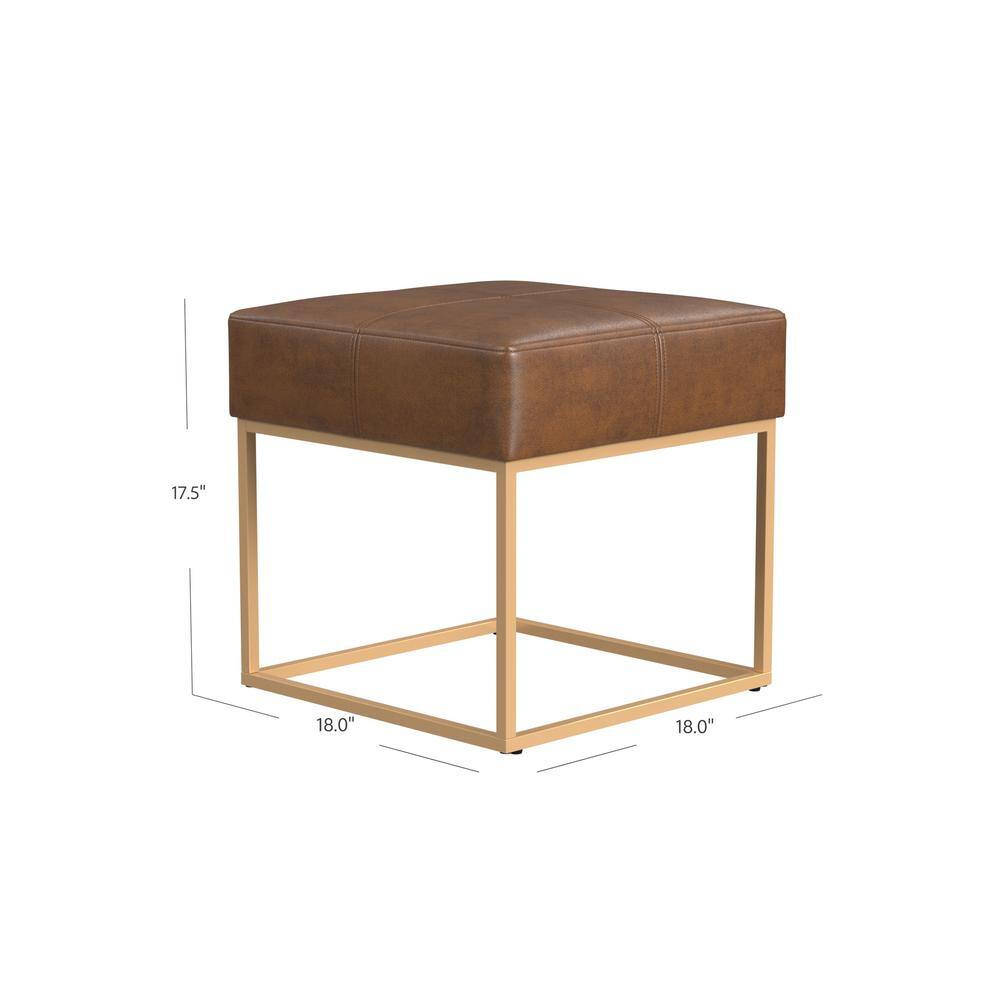 Small Brown Faux Leather Ottoman with Metal Frame