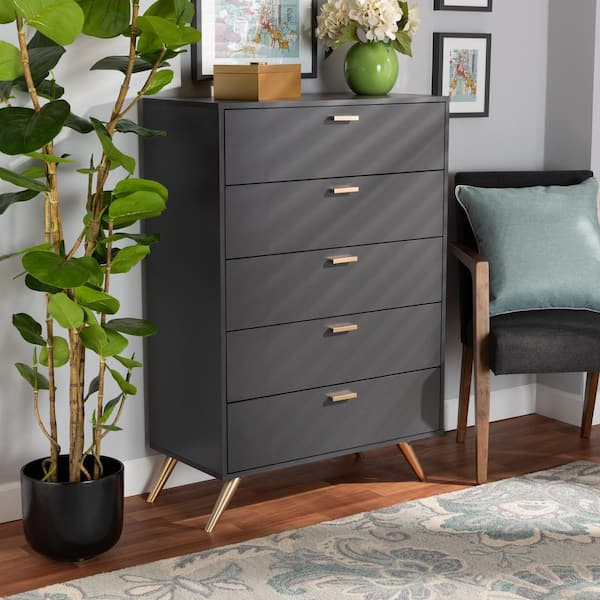 Baxton Studio Kelson 5 Drawer Dark Grey and Gold Chest of Drawers