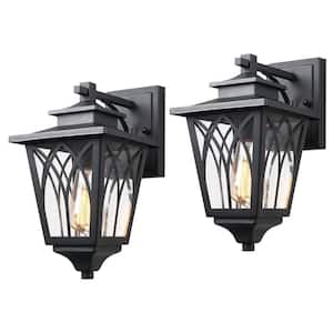 1-Light Black Hardwired Outdoor Wall Lantern Sconce with Seeded Glass Pier Mount Light