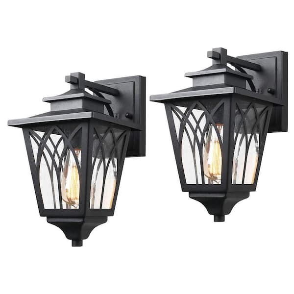 JAZAVA 1-Light Black Hardwired Outdoor Wall Lantern Sconce with Seeded Glass Pier Mount Light