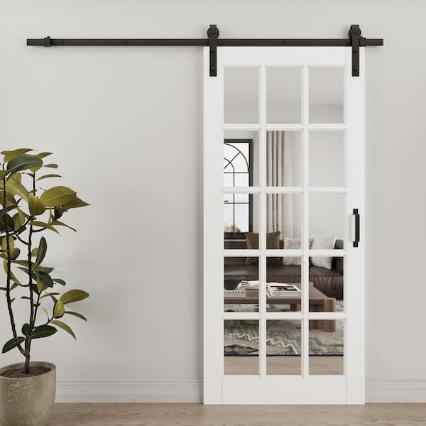 36 in. x 80 in. 15 Lite Tempered Clear Glass White Primed MDF Composite Sliding Barn Door with Hardware Kit