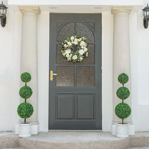 4 ft. Artificial Triple Ball Topiary Tree 3-Ball Faux Shrubs Plant in White Vintage Pot Outdoor Decoration