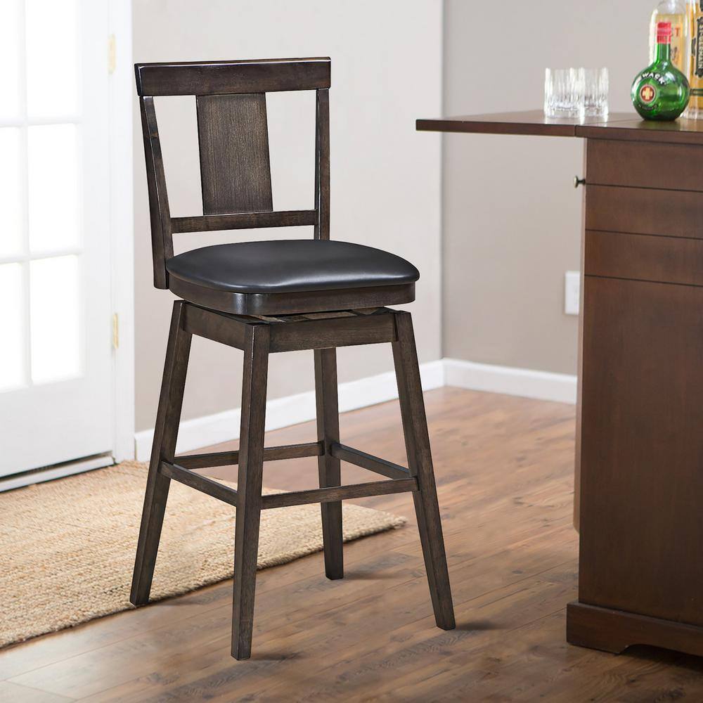 Brown Rubberwood and PVC Leather Swivel Bar Stool