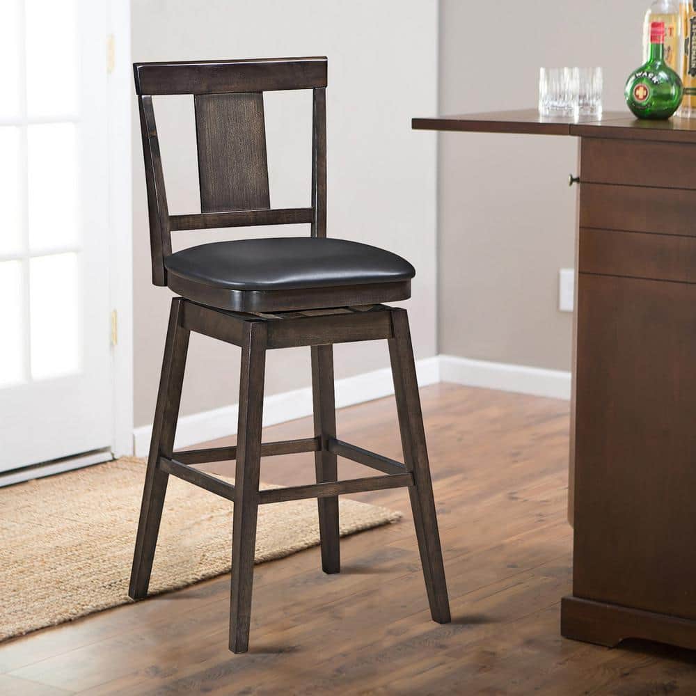 Brown Rubberwood and PVC Leather Swivel Bar Stool