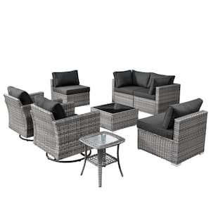 Artemis Gray 8-Piece Wicker Patio Conversation Seating Sofa Set with Black Cushions and Swivel Rocking Chairs