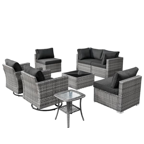 Artemis Gray 8-Piece Wicker Patio Conversation Seating Sofa Set with Black Cushions and Swivel Rocking Chairs