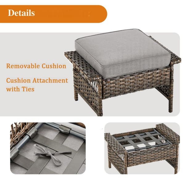 Brown Wicker Outdoor Ottoman with Gray Cushions (2-Pack)