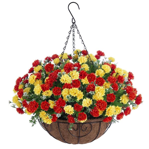 Unbranded 20 in.H Artificial Hanging Flowers in 12 in. Basket, Outdoors Courtyard Spring Summer Decor, Yellow and red