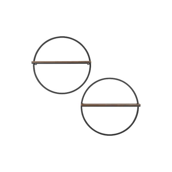 StyleWell 15 in. H x 15 in. W x 4 in. D Wood and Black Metal Wall-Mount Round Floating Shelf (Set of 2)