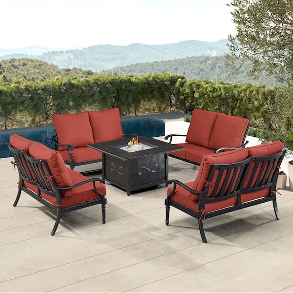 Oakland Living Black 5-Piece Aluminum Patio Fire Pit Set with Red Cushions
