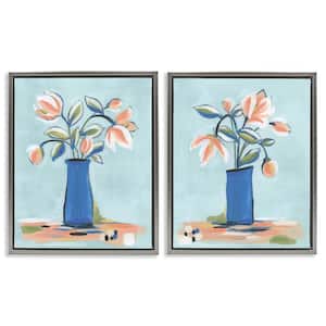 Blue and Peach Flowers by June Erica Vess 2-Pieces Gray Floater Frame Nature Graphic Art Print 21 in. x 17 in.