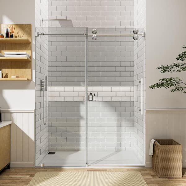 60 in. W x 80 in. H Single Sliding Frameless Shower Door in Brushed Nickel with 3/8 in. Clear Glass