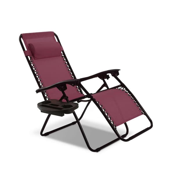 ANGELES HOME Folding Metal Zero Gravity Reclining Outdoor Lounge Chair with Cup Holder Tray and Headrest in Dark Red