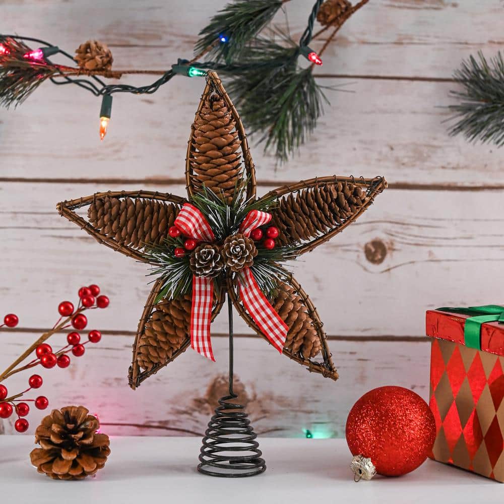 Rustic Rattan Pinecone Star Tree Topper with Holly and Berries