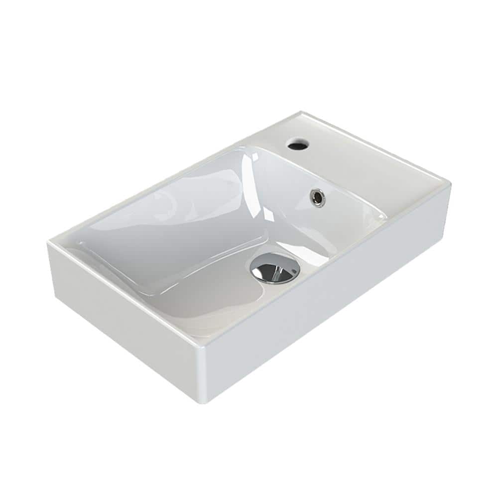 White Ceramic Rectangular Wall-Mount Bathroom Sink with Overflow