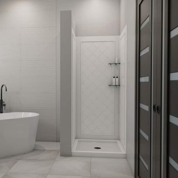 SlimLine 32 in. x 32 in. Single Threshold Shower Pan Base in White Center Drain Pan Base with Back Walls