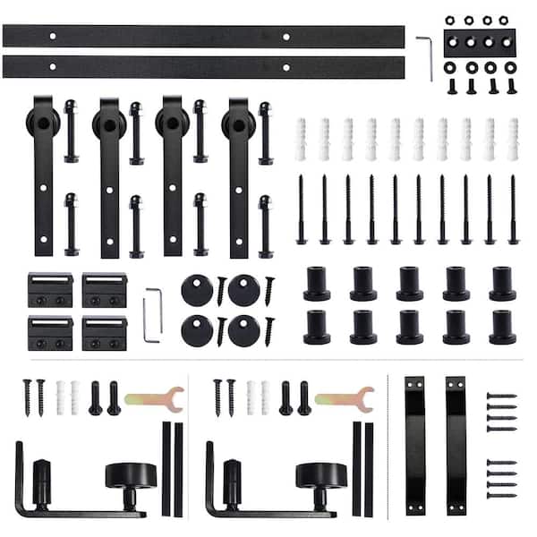 WELLHOME 10 ft. J Shape Black Solid Steel Double Sliding Barn Door Hardware Kit with 8 Setup Options Floor Guide and Handles