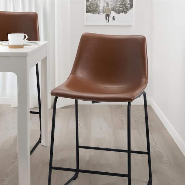 Dovelina KY 24 in. Walnut Low Back Metal Frame Counter Height Bar Stool with Faux Leather Seat (Set of 2)