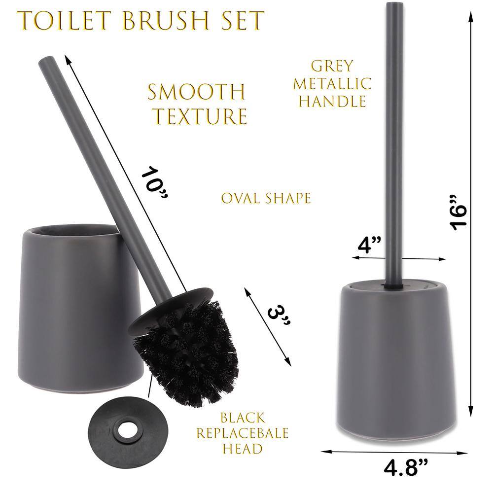 Gray Stoneware Toilet Brush and Holder with Metallic Handle