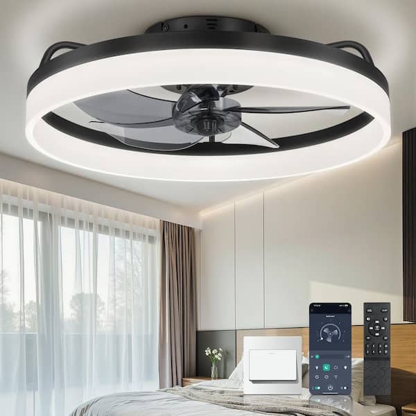 ARISKEEN 20 in. LED Indoor Black Low Profile Flush Mount Ceiling Fan with Light Remote Control for Bedroom, Small Room
