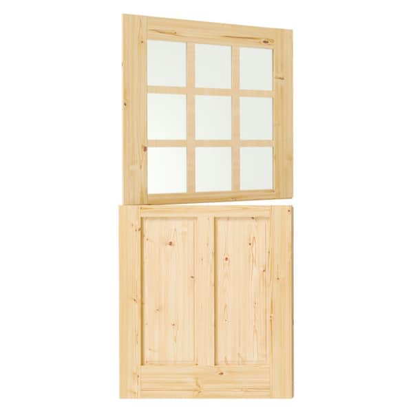 36in. x 80in. 9 Lite Frosted Glass, Finished Half Split Interior Dutch Door Slab with Natural Pine Wood Color