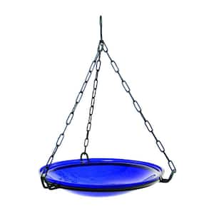 14 in. Dia Cobalt Blue Reflective Crackle Glass Hanging Birdbath Bowl