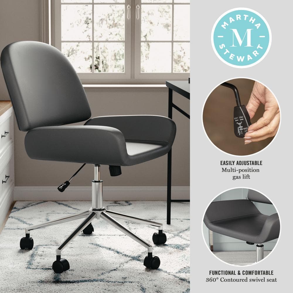 Gray Faux Leather Armless Swivel Office Chair with Polished Nickel Frame