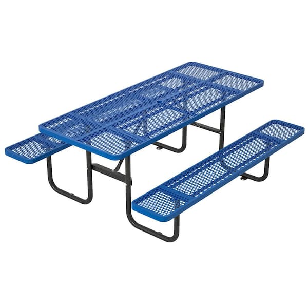 72.2 in. Blue Rectangle Steel Picnic Table Seats 4-6 People with Umbrella Hole, Outdoor Patio Camping Dining Table