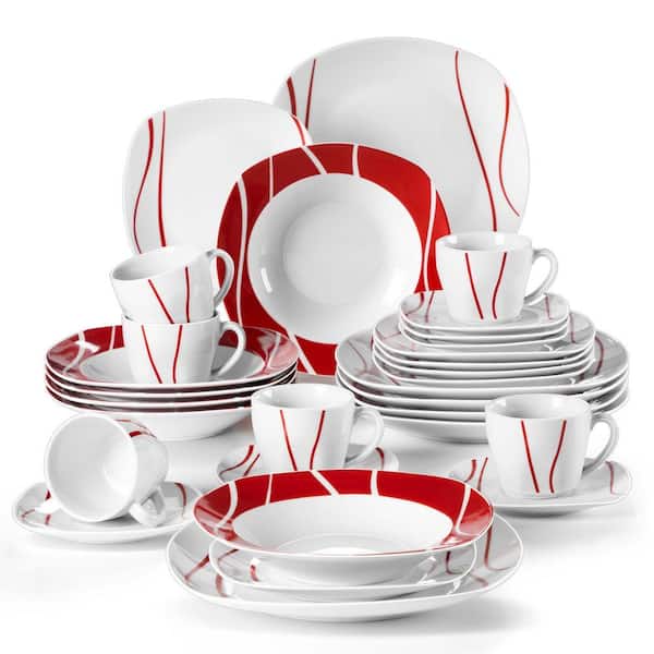 30-Piece White Porcelain Dinnerware Set (Service for 6) Red Stripes Tableware with Plates Cups and Saucers