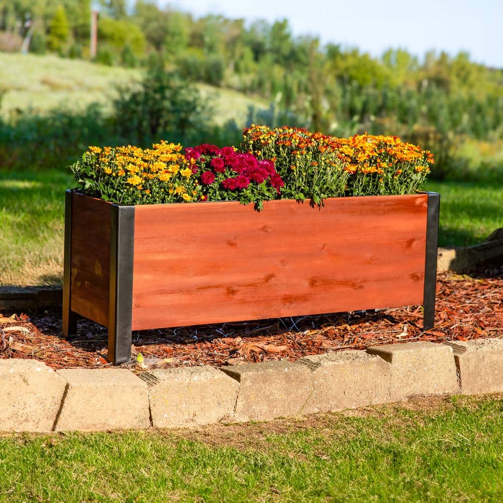 Acacia Wood Rectangular Raised Garden Bed Planter Box with Steel Frame