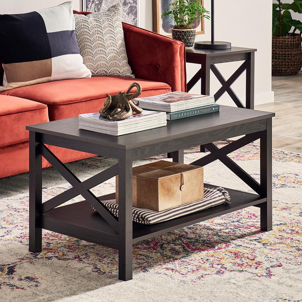 Sleek Black Walnut X-Frame Coffee Table with Storage